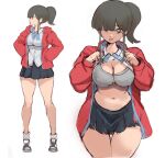  1girl ;p blue_bow blue_bowtie bow bowtie bra breasts cleavage clothes_lift girlfriend_(yoru_mac) highres jacket large_breasts lifted_by_self looking_at_viewer mcdonald&#039;s multiple_views navel one_eye_closed ponytail rakeemspoon red_jacket shirt_lift shoes skirt solo thighs tongue tongue_out underwear yoru_mac 