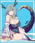  1girl black_panties blue_background blue_eyes blue_hair breasts cleavage copyright_request dated detached_sleeves dragon_girl dragon_horns dragon_tail highres horns kichihachi large_breasts long_hair looking_at_viewer panties side-tie_panties sitting solo tail thighhighs thighs twitter_username underwear white_thighhighs 