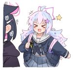  &gt;_&lt; +++ 2girls animal_ears black_hair black_jacket black_neckerchief blue_archive blush cat_ears colored_inner_hair grey_serafuku grey_skirt hair_ornament hairclip halo highres hood hood_down hooded_jacket jacket kazusa_(blue_archive) long_hair long_sleeves multicolored_hair multiple_girls neckerchief open_clothes open_jacket open_mouth pink_hair pink_halo pleated_skirt purple_hair purple_halo reisa_(blue_archive) revision sailor_collar school_uniform serafuku shiromoca short_hair simple_background skirt smile star_(symbol) star_hair_ornament white_background white_sailor_collar 