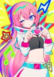  1girl absurdres aqua_belt blue_eyes closed_mouth commentary crop_top hair_between_eyes hands_up heart heart_hands high_collar highres jacket light_blush long_hair long_sleeves looking_at_viewer magical_mirai_(vocaloid) magical_mirai_luka magical_mirai_luka_(2023) megurine_luka midriff monitaros_393 musical_note navel one_eye_closed pink_hair pink_nails skirt solo star_(symbol) upper_body vocaloid white_jacket white_skirt 