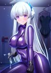  1girl blue_archive blush bodystocking bodysuit breasts grey_hair halo iro_ame_(amewaagada) large_breasts latex latex_bodysuit leotard long_hair looking_at_viewer mechanical_halo noa_(blue_archive) purple_bodysuit purple_eyes smile solo sparkle suggestive_fluid white_hair 