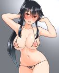  1girl black_hair blush breasts censored collarbone cowboy_shot cupless_bikini female_pubic_hair furaggu_(frag_0416) gradient_background grey_background highres kantai_collection large_breasts long_hair looking_at_viewer mosaic_censoring nipples open_mouth ponytail pubic_hair pussy red_eyes sidelocks solo standing white_background yahagi_(kancolle) 