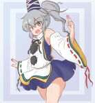 1girl :d adapted_costume armpit_peek arms_up bare_shoulders blue_skirt blush bright_pupils commentary_request commission cowboy_shot detached_sleeves flat_chest grey_background grey_hair hair_between_eyes hand_up happy hat high_ponytail long_hair mizusoba mononobe_no_futo open_mouth petite simple_background skeb_commission skirt smile solo tate_eboshi thighs touhou white_pupils 
