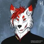  1:1 abstract_background anthro canid canine canis chivalrythewolf clothing costume fur hair headshot_portrait hynvale inner_ear_fluff looking_at_viewer male mammal portrait red_eyes red_hair smile smirk solo star_trek text tuft url white_body white_fur wolf 