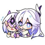  1girl :o alternate_form blush chibi hair_between_eyes hare_(honkai_impact) honkai_(series) honkai_impact_3rd long_hair mask multicolored_hair official_art open_mouth short_hair streaked_hair sweatdrop upper_body white_headwear white_sleeves 