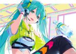  1girl adjusting_hair aqua_eyes aqua_hair aqua_nails bare_shoulders black_leggings bottle breasts ceiling_light clothing_cutout collarbone cropped_jacket cross-laced_clothes crypton_future_media dot_nose drawstring dsmile eyelashes fingerless_gloves fingernails gloves green_jacket hand_on_own_head hand_up happy hatsune_miku head_tilt headphones highres holding holding_bottle hood hood_down hooded_jacket indoors jacket leggings long_hair looking_at_viewer looking_down medium_breasts midriff official_alternate_costume official_art open_mouth plastic_bottle short_sleeves shoulder_cutout sidelighting solo sports_bra sportswear straight_hair studio sunlight teeth twintails upper_body upper_teeth_only very_long_hair vocaloid water_bottle water_drop white_gloves white_sports_bra window zipper zipper_pull_tab 