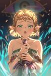  1girl absurdres armlet bare_shoulders blonde_hair braid circlet colored_sclera crown_braid dress earrings green_eyes highres jewelry light_dragon_(zelda) master_sword medium_hair mina_(o414) pointy_ears princess_zelda solo spoilers strapless strapless_dress the_legend_of_zelda the_legend_of_zelda:_tears_of_the_kingdom white_dress 