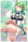  1girl absurdres blush breasts ceres_fauna ceres_fauna_(1st_costume) cleavage cleavage_cutout clothing_cutout efreezerarts feet flower foot_focus green_hair hair_flower hair_ornament highres hololive hololive_english large_breasts long_hair mole mole_under_eye presenting_foot sitting soles solo stirrup_legwear sweatdrop toeless_legwear toes virtual_youtuber yellow_eyes 