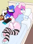  absurd_res anthro bed butt clothing disney domestic_cat emote_(artist) feet felid feline felis female foot_focus fur furniture hair hi_res hybrid king_clawthorne lagomorph leg_warmers legwear leporid looking_at_viewer looking_back lying mammal nervous nintendo nintendo_switch on_front owlbert_(the_owl_house) panties pawpads paws pillow pink_body pink_fur pink_hair pink_pawpads plushie rabbit rear_view short_tail snowstar_(cabbit) solo sweater tail the_owl_house thigh_highs topwear underwear 