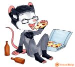  2016 anthro arm_support biped black_hair black_markings bottle chest_tuft chibi claws container countershade_face countershading didelphid eyebrows eyes_closed eyewear eyewear_only fingerless_(marking) food glasses glasses_only gloves_(marking) grey_body hair holding_food holding_object holding_pizza inner_ear_fluff leg_markings malachyte male mammal markings marsupial nude open_mouth pink_markings pink_nose pizza pizza_box plantigrade short_hair simple_background sitting sitting_on_ground socks_(marking) solo teeth tekki_(tekhnikos) text toe_claws toeless_(marking) tongue tuft url white_background 