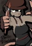  anthro belle_vedder_(posspowered) brown_body brown_fur brush clothing english_text female fur green_eyes grey_body grey_fur hat headgear headwear hi_res looking_at_viewer mammal marsupial overalls paintbrush posspowered possum solo text 