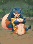  2023 anthro big_breasts blue_hair bound breasts brown_body brown_eyes brown_fur canid canine carmelita_fox cleavage clothed clothing collar dipstick_ears eyebrow_through_hair eyebrows female fox fur glistening glistening_breasts glistening_hair hair hi_res jacket long_hair looking_at_viewer mammal mud multicolored_ears muzzle_(object) navel outside quicksand rope rope_muzzle shinef sly_cooper_(series) solo sony_corporation sony_interactive_entertainment stuck sucker_punch_productions tan_body tan_fur topwear translucent translucent_hair 