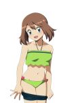  1girl bikini black_shorts blue_eyes breasts brown_hair clothes_pull green_bikini highres may_(pokemon) medium_hair pokemon shorts shorts_pull simple_background small_breasts smile solo suitenan swimsuit undressing white_background 