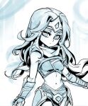  1girl bare_shoulders belt breasts closed_mouth cowboy_shot crop_top detached_sleeves forehead_protector grey_background greyscale league_of_legends long_hair monochrome navel phantom_ix_row single_shoulder_pad sivir small_breasts solo white_background 