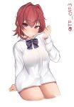  1girl absurdres alternate_costume breasts highres kantai_collection kinu_(kancolle) long_sleeves medium_breasts no_pants red_eyes red_hair shirt short_hair sitting solo tf_cafe twitter_username white_shirt 