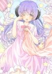  1girl absurdres artist_name blanket blush bow breasts collarbone commentary_request frilled_nightgown frilled_sleeves frills hair_between_eyes hanyuu highres higurashi_no_naku_koro_ni horns long_bangs long_hair looking_at_viewer lying nightgown on_back on_bed one_eye_closed open_mouth painting_(medium) pajamas pillow pink_nightgown pink_ribbon purple_eyes purple_hair raised_eyebrows ribbon sleepwear solo star_(symbol) striped sweet_miuk_tea traditional_media twitter_username waking_up watercolor_(medium) 