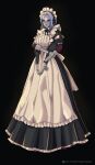  1girl absurdres apron black_background black_ribbon black_sclera blue_eyes blue_hair colored_sclera doll_joints highres iron_maiden joints kuudere maid maid_apron maid_headdress metal_skin monster_girl original ribbon sleeve_pull tentacles tentacles_under_clothes yuurayuura 