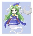  1girl cape ghost ghost_tail green_eyes green_hair hat holding holding_wand long_hair mima_(touhou) touhou wand wizard_hat zenji029 