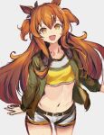  1girl animal_ears belt cowboy_shot crop_top e_nnihql green_jacket horse_ears jacket long_hair long_sleeves looking_at_viewer mayano_top_gun_(umamusume) midriff navel open_clothes open_jacket open_mouth orange_hair shorts simple_background smile solo two_side_up umamusume unfinished white_background white_shorts yellow_eyes 