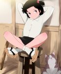  1girl arms_behind_head black_hair blush cat geta hair_bobbles hair_ornament highres indoors jarinko_chie kotetsu_(jarinko_chie) long_sleeves shirt short_hair sitting skirt socks stool takemoto_chie tanaka_yutaka white_shirt white_socks 