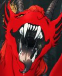  ambiguous_gender black_frill bodily_fluids dragon drooling ear_frill fangs feral frill_(anatomy) front_view grey_horn hi_res horn lionfloof looking_at_viewer mouth_shot open_mouth red_body red_sclera saliva saliva_on_tongue saliva_string sharp_teeth simple_background solo teeth tongue tongue_out yellow_eyes 