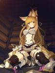  animal_ears armor armpits arms_behind_head arms_up backless_outfit bare_shoulders bdsm black_gloves black_panties black_thighhighs blonde_hair bondage boots bound braid cad_(caddo) choker erune faulds fox_ears french_braid gloves granblue_fantasy high_heel_boots high_heels highres long_hair panties parted_lips purple_eyes restrained rope shibari shirt squatting thighhighs underwear white_shirt yuisis_(granblue_fantasy) 