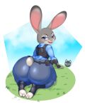  2023 absurd_res anthro bencs big_butt butt clothed clothing digital_media_(artwork) dipstick_ears disney female fur grey_body grey_fur hi_res huge_butt judy_hopps lagomorph leporid looking_at_viewer looking_back looking_back_at_viewer mammal multicolored_ears open_mouth pink_inner_ear pink_nose police_uniform purple_eyes rabbit scut_tail short_tail solo tail teeth thick_thighs uniform zootopia 