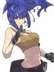  1girl belt blue_eyes blue_hair breasts camouflage camouflage_pants clenched_hand commentary dog_tags earrings gloves highres irc14786149 jewelry leona_heidern midriff pants ponytail pouch soldier solo tank_top the_king_of_fighters the_king_of_fighters_xv yellow_tank_top 