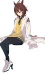  1girl agnes_tachyon_(umamusume) animal_ears brown_eyes brown_hair coat horse_ears horse_tail necktie pako_(pakosun) sweater tail umamusume white_background white_coat white_footwear yellow_sweater 