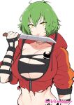  1girl absurdres artist_name breast_tattoo breasts ge-b green_hair hair_between_eyes hand_up highres hikage_(senran_kagura) holding holding_knife hood hood_down hooded_jacket huge_breasts jacket knife licking licking_blade licking_weapon navel red_jacket senran_kagura short_hair simple_background slit_pupils solo tattoo tongue tongue_out torn_clothes torn_jacket weapon yellow_eyes 