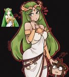  1boy 1girl armlet black_background breasts brown_hair chain cowboy_shot forehead_jewel gold_chain green_eyes green_hair hand_on_another&#039;s_head highres kid_icarus kid_icarus_uprising light_blush long_hair o3o outline palutena pit_(kid_icarus) red_outline reference_inset signature sindows10 thighhighs vambraces 