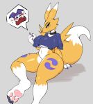  absurd_res anthro bandai_namco bottomless cellphone clothed clothing digimon digimon_(species) female fur hi_res holding_cellphone holding_object holding_phone phone renamon thick_thighs virito yellow_body yellow_fur 