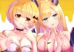  2girls :p absurdres bare_shoulders bat_hair_ornament bat_wings black_choker blonde_hair breast_tattoo breasts choker claw_pose cleavage collarbone commentary fang fang_out finger_to_mouth frills green_eyes hair_ornament head_tilt highres hololive horns large_breasts long_hair looking_at_viewer multiple_girls oekaki_zombie orange_eyes pointy_ears short_hair simple_background smile tattoo tongue tongue_out upper_body virtual_youtuber wings yozora_mel yuzuki_choco 