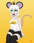  animal_humanoid black_bottomwear black_clothing black_pants blue_eyes bottomwear clothing female hair hi_res humanoid it&#039;s_on_the_mouse legwear mammal mammal_humanoid mouse_ears mouse_humanoid mouse_tail murid murid_humanoid murine murine_humanoid pants rodent rodent_humanoid shirt simple_background solo thigh_highs topwear white_clothing white_hair white_shirt white_topwear yeetboi420z yellow_background 