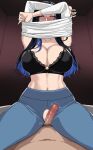  1boy 1girl black_bra blue_eyes blue_hair blue_pants blush bra breasts censored cleavage commentary erection girl_on_top hella_p highres large_breasts long_hair long_sleeves mosaic_censoring navel original pants penis shirt symbol-only_commentary thighs underwear white_shirt 
