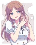  1girl :d bang_dream! bang_dream!_it&#039;s_mygo!!!!! black_ribbon blue_eyes breasts brown_hair e20 grey_background halftone halftone_background hands_up highres long_hair medium_breasts nagasaki_soyo neck_ribbon parted_bangs puffy_short_sleeves puffy_sleeves ribbon school_uniform shirt short_sleeves smile solo steepled_fingers two-tone_background very_long_hair white_background white_shirt 