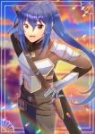  :d armor blue_hair blurry blurry_background breastplate brown_eyes brown_pants brown_shirt cloud cloudy_sky commentary_request commission copyright_request dagger depth_of_field gauntlets hair_between_eyes hands_up knife kou_hiyoyo long_hair looking_at_viewer pants ponytail sheath sheathed shirt skeb_commission sky smile solo standing sunset sword very_long_hair virtual_youtuber weapon weapon_on_back 