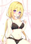  1girl aoi_yun bare_arms bare_shoulders black_bra black_panties blonde_hair blush bow bow_bra bow_panties bra breasts cleavage collarbone commission flying_sweatdrops hair_between_eyes hair_bow hair_intakes hand_up long_hair looking_at_viewer low_twintails medium_breasts multi-strapped_panties navel nose_blush open_mouth original panties petals pulled_by_self purple_eyes sitting skeb_commission skindentation solo strap_pull sweat translation_request twintails underwear underwear_only very_long_hair white_bow 