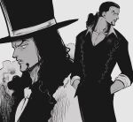  absurdres black_hair collarbone cowboy_shot facial_hair formal hands_in_pockets hat highres kyowo_sukkesuke long_hair looking_at_viewer male_focus necktie one_piece pectoral_cleavage pectorals profile rob_lucci simple_background suit top_hat upper_body white_background 