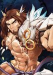 1boy abs armor bara bare_pectorals beard brown_hair character_request facepaint facial_hair feathers feet_out_of_frame highres huzee_tiger incoming_attack incoming_punch large_pectorals light_frown looking_at_viewer male_focus mature_male muscular muscular_male navel nipples one_eye_closed outstretched_arm pauldrons pectorals punching revealing_clothes shoulder_armor single_pauldron solo stomach thick_eyebrows v-taper 