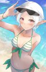  1girl beach bikini breasts closed_mouth day elf eyewear_removed holding holding_removed_eyewear looking_at_viewer mushoku_tensei nakami_chihiro navel ocean outdoors pointy_ears red_eyes sand short_hair side-tie_bikini_bottom small_breasts smile solo sunglasses swimsuit sylphiette_(mushoku_tensei) water white_hair 