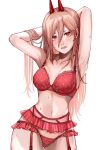  1girl armpits arms_behind_head blush bra breasts chainsaw_man cross-shaped_pupils garter_belt hair_between_eyes highres horns lingerie long_hair medium_breasts navel nose_blush orange_hair panties parted_lips pink_hair power_(chainsaw_man) red_bra red_garter_belt red_horns red_panties sharp_teeth simple_background solo stomach sweat symbol-shaped_pupils teeth underwear underwear_only victoria_178 white_background 
