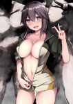  1girl 2boys absurdres areola_slip blush body_hair breasts brown_eyes brown_hair cleavage clothed_female_nude_male commentary_request cum green_jacket hair_between_eyes halterneck hayasui_(kancolle) height_difference highres implied_after_sex jacket kantai_collection kuromayu large_breasts looking_at_viewer multiple_boys naked_jacket nude open_clothes open_jacket open_mouth partially_unzipped short_hair size_difference tears v white_background 