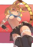  1girl :3 absurdres animal_ears bare_shoulders belt belt_pouch black_belt black_gloves black_leggings black_panties blonde_hair blue_shirt blush breasts cat_ears cat_tail closed_mouth commentary cosplay crop_top detached_leggings extra_ears fingerless_gloves fingernails gloves hair_between_eyes highres kemono_friends leggings long_fingernails looking_at_viewer lying medium_breasts midriff ms._fortune_(skullgirls) ms._fortune_(skullgirls)_(cosplay) navel on_back on_chair osnmykk panties pouch scar serval_(kemono_friends) shadow sharp_fingernails shirt short_hair simple_background skullgirls sleeveless sleeveless_shirt slit_pupils smile solo tail underboob underwear upshirt v-shaped_eyebrows white_background yellow_eyes 