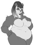  anthro bear belly biceps big_belly big_breasts black_body black_fur black_hair black_nose breasts claws digital_media_(artwork) dreadlocks ear_piercing ear_ring featureless_breasts featureless_crotch female fur giant_panda hair hanaarts hand_on_breast hand_on_hip hi_res mammal monochrome navel nude overweight overweight_anthro piercing ring_piercing simple_background solo thick_thighs white_body white_fur 