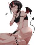  1girl barefoot black_hair black_nails black_shorts black_tank_top breasts demon demon_girl demon_tail demon_wings feet highres horns legs looking_at_viewer medium_breasts midriff morros nail_polish original red_eyes short_hair shorts simple_background soles solo tail tank_top toenail_polish toenails toes white_background wings 