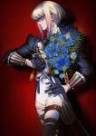 1boy absurdres alternate_costume belt blonde_hair blue_bow blue_bowtie blue_eyes blue_flower blue_gloves blue_jacket boots boutonniere bow bowtie closed_mouth cowboy_shot earrings eyelashes eyeliner flower flower_request formal glint gloves half_gloves highres holding holding_sword holding_weapon jacket jewelry lio_fotia lonelyspirit long_sleeves looking_away looking_to_the_side makeup male_focus pants profile promare rapier red_background shadow sheath short_hair sidelocks simple_background sleeve_cuffs solo sparkle striped sword tailcoat tassel thigh_belt thigh_boots thigh_strap tight tight_pants unsheathing vertical_stripes weapon white_pants 