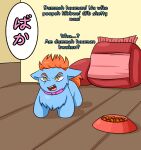  arisenleaf baby_talk bag blue_body blue_fur dialogue dish english_text feral floor fluffy_pony fur hair hi_res japanese_text kibble kibble_bag male offscreen_character orange_hair solo text wood wood_floor yellow_eyes 