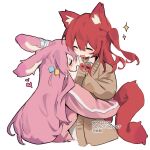  2girls :d animal_ears bandaged_ear blush bocchi_the_rock! bow bowtie brown_jacket closed_eyes cropped_torso cube_hair_ornament facing_another fox_ears fox_tail gotou_hitori hair_between_eyes hair_ornament highres hug jacket kita_ikuyo meijio3 multicolored_clothes multicolored_jacket multiple_girls one_side_up open_clothes open_jacket pink_jacket rabbit_ears red_bow red_bowtie red_hair simple_background smile sparkle tail tearing_up two-tone_jacket white_background 