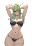  1girl absurdres antlers armpits ass_visible_through_thighs bikini blush braid braided_bangs branch breasts ceres_fauna cleavage collarbone flower green_hair hair_flower hair_ornament highres hololive hololive_english jewelry large_breasts long_hair looking_at_viewer mole mole_under_eye multicolored_hair myth1carts navel smile solo stomach sweat swimsuit thigh_gap thighs virtual_youtuber yellow_eyes 